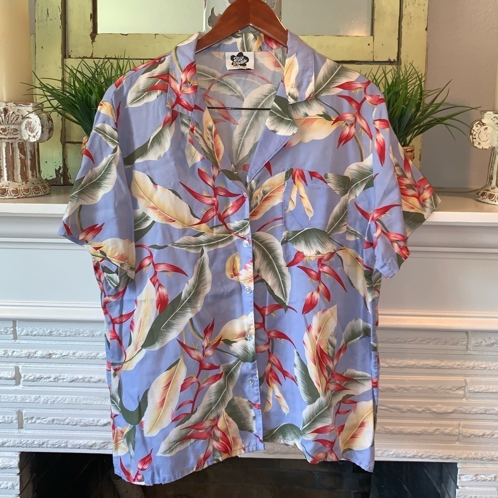 Hilo Hattie Tropical Leaf Print Collared Button Down Top Large